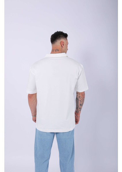 Unisex Polo Yaka Düz Ekru Oversize T-Shirt modelleri