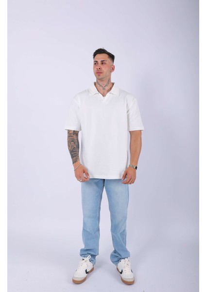 Unisex Polo Yaka Düz Ekru Oversize T-Shirt fırsatları