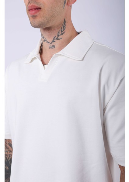 Unisex Polo Yaka Düz Ekru Oversize T-Shirt indirimleri