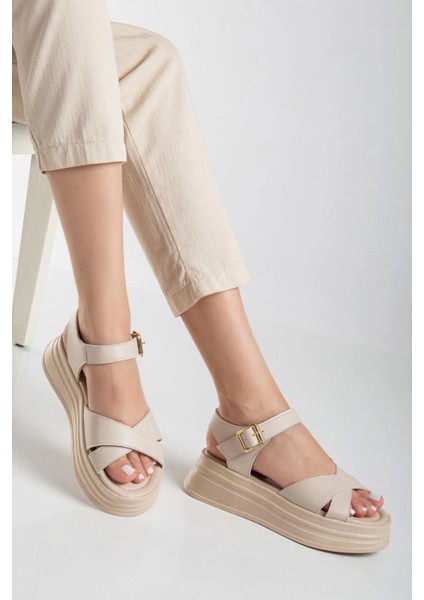 Sibna Bej Cilt Kemerli Sandalet