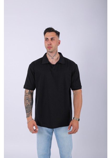 Unisex Polo Yaka Düz Siyah Oversize T-Shirt