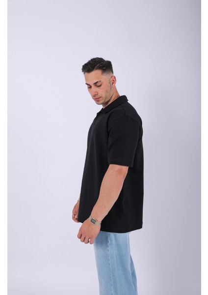 Unisex Polo Yaka Düz Siyah Oversize T-Shirt fiyatları