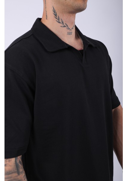 Unisex Polo Yaka Düz Siyah Oversize T-Shirt modelleri