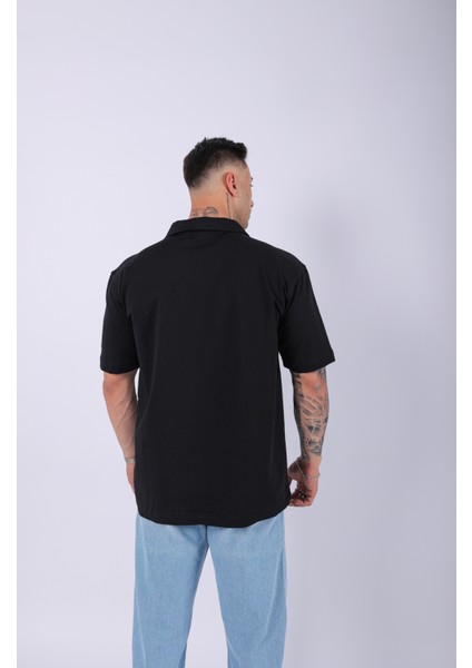 Unisex Polo Yaka Düz Siyah Oversize T-Shirt fırsatları
