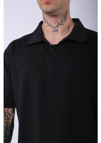 Unisex Polo Yaka Düz Siyah Oversize T-Shirt indirimleri