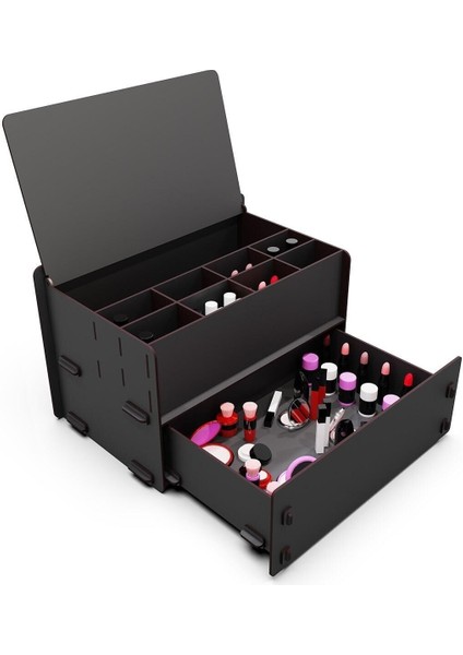 gri Ahşap 10 Gözlü Çekmeceli Takı ve Makyaj Düzenleyici