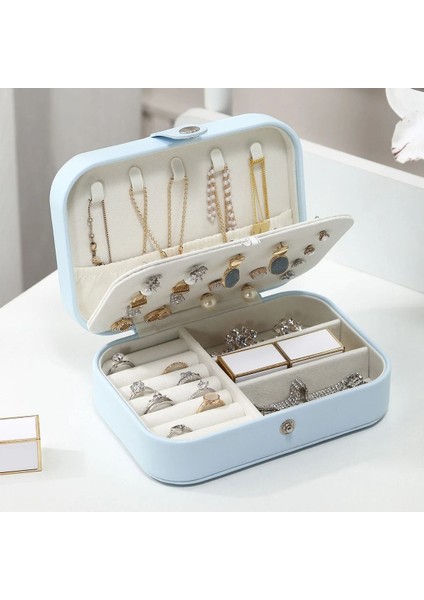 Mavi 3 Bölmeli Dikdörtgen Takı Kutusu, Seyahat ve Düzen Için Ideal Organizer