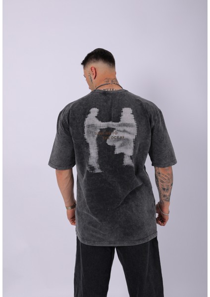 Unisex Özel Tasarım Yıkamalı Oversize T-Shirt Siyah