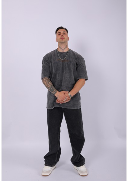 Unisex Özel Tasarım Yıkamalı Oversize T-Shirt Siyah indirimleri