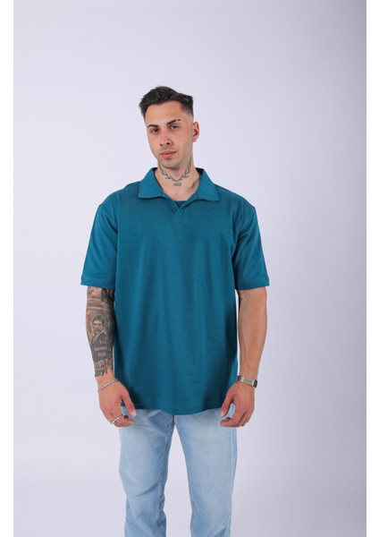 Unisex Polo Yaka Düz Petrol Oversize T-Shirt