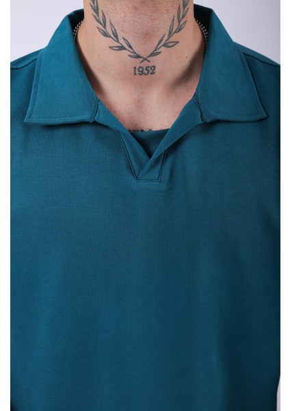 Unisex Polo Yaka Düz Petrol Oversize T-Shirt fiyatları