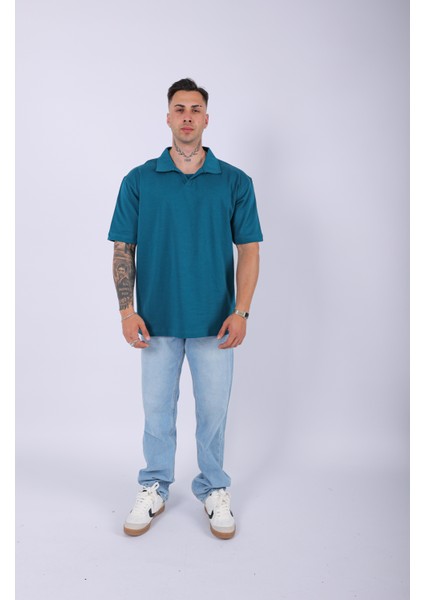 Unisex Polo Yaka Düz Petrol Oversize T-Shirt fırsatları