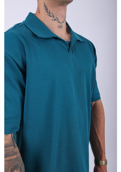 Unisex Polo Yaka Düz Petrol Oversize T-Shirt indirimleri