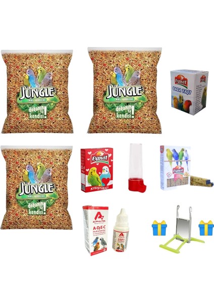 Jungle Muhabbet Kuşu Yemi 500 gr x 3 Adet+Exovit Gaga Taşı+Exovit Kızıştırıcı 100GR+EXOVIT Ballı 10'lu Kraker+Suluk+ Alpha Fox Vitamin 30 ml (Ayna Hediyeli)