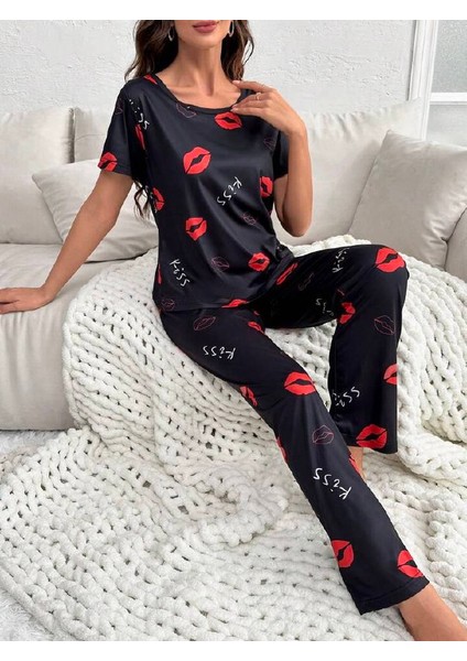 Kadın Baskılı Desenli Gecelik Pijama Takımı Kiss