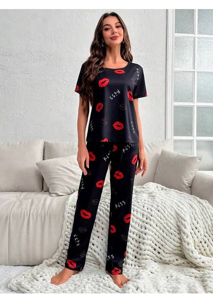 Kadın Baskılı Desenli Gecelik Pijama Takımı Kiss