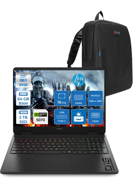 Omen Intel Core I7 14650HX 64GB Ddr5 2tb SSD 8GB/RTX5070 16" Wuxga 165Hz 400NIT SRGB Windows 11 Home Taşınabilir Bilgisayar 16AM0008NTH23 + Zettaçanta