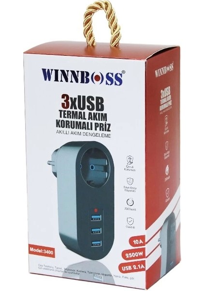 Siyah Termal Akım Korumalı 1xpriz 3xusb Duvar Tipi Priz 10A - 2500W