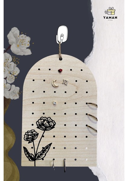 Çiçek Desenli 4'lü Küpe Standı Seti, Ipli Organizer, 10X15 Cm, Şık ve Pratik Kullanım