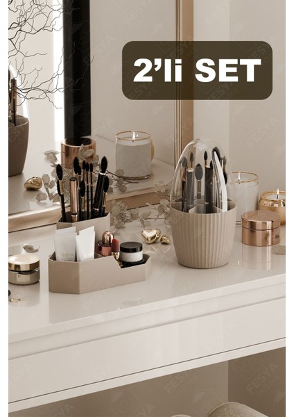 Üçgen ve 7 Bölmeli Makyaj Organizeri Seti, Masa Üstü Düzenleyici, Kahverengi