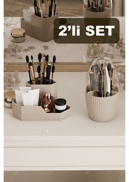 Üçgen ve 7 Bölmeli Makyaj Organizeri Seti, Masa Üstü Düzenleyici, Kahverengi fiyatları