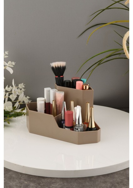 Üçgen ve 7 Bölmeli Makyaj Organizeri Seti, Masa Üstü Düzenleyici, Kahverengi modelleri