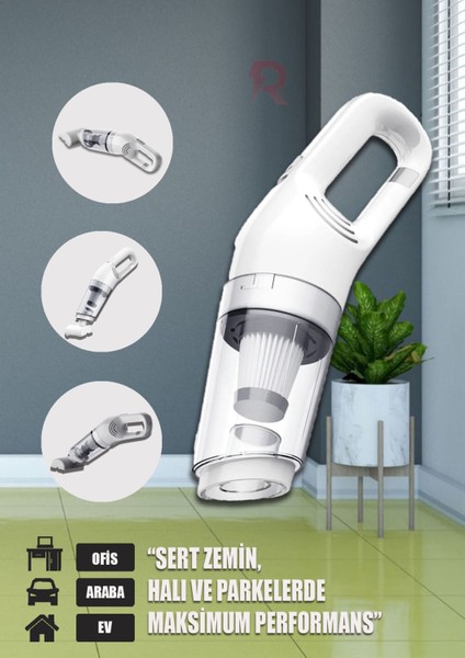 Araç Süpürgesi Beyaz 50W 4000MAH 6000PA Kablosuz Şarjlı Taşınabilir Type-C Ev Araba Süpürge