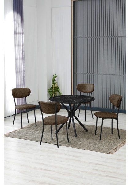 Elegant Modeli Yuvarlak Mutfak Masa Sandalye Takımı 4 Sandalye 1 Siyah Mermer Desen Masa 90X90 Keten Kumaş