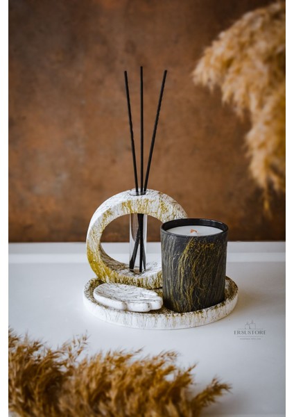 Mermer Desenli Soya Wax Mum Seti, Beton Vazo ve Cam Bardak ile Şık Oda Kokusu modelleri