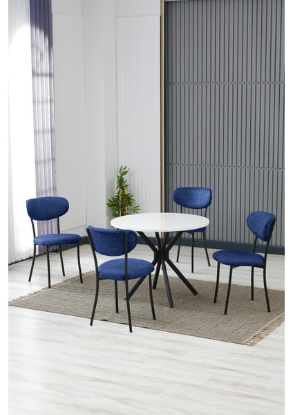 Elegant Modeli Yuvarlak Mutfak Masa Sandalye Takımı, 4 Sandalye 1 Sabit Beyaz Masa 90X90 Cm, Keten Kumaş