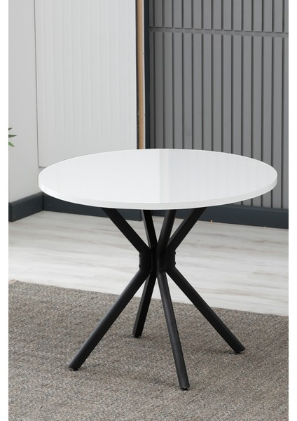 Elegant Modeli Yuvarlak Mutfak Masa Sandalye Takımı, 4 Sandalye 1 Sabit Beyaz Masa 90X90 Cm, Keten Kumaş