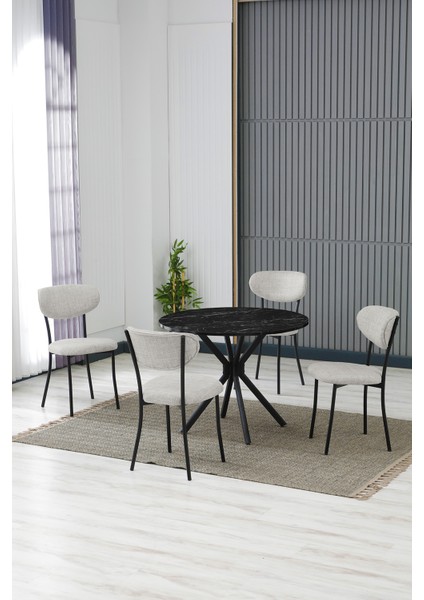 Elegant Modeli Yuvarlak Mutfak Masa Sandalye Takımı 4 Sandalye 1 Siyah Mermer Desen Masa 90X90 Keten Kumaş