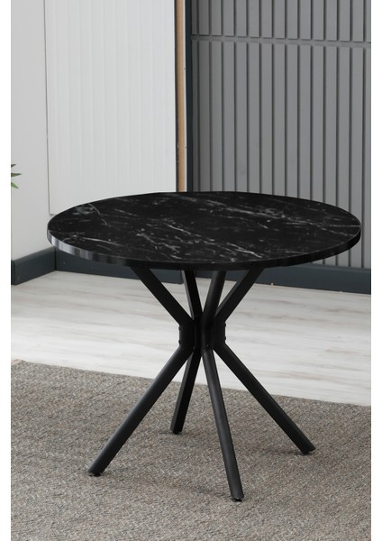 Elegant Modeli Yuvarlak Mutfak Masa Sandalye Takımı 4 Sandalye 1 Siyah Mermer Desen Masa 90X90 Keten Kumaş
