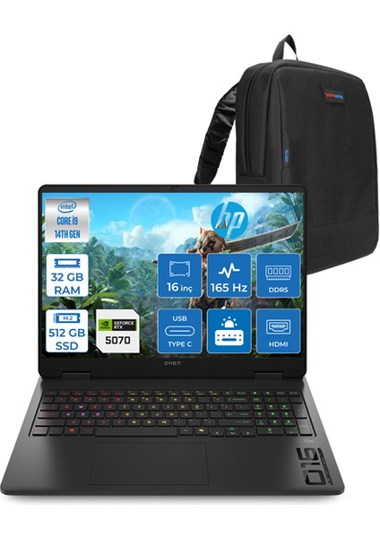 Omen Intel Core I9 14900HX 32GB Ddr5 512GB SSD 8GB/RTX5070 16" Wuxga 165Hz 400NIT SRGB Windows 11 Pro Taşınabilir Bilgisayar 16AM0001NTH09 + Zettaçanta