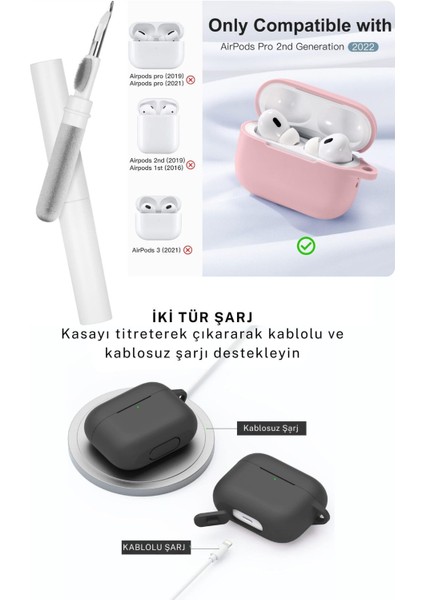 apple Airpods Pro/pro2 Kılıf Kapak Temizleme Kalemi ile Tam Koruyucu Silikon Kılıf , Ön LED Görünür
