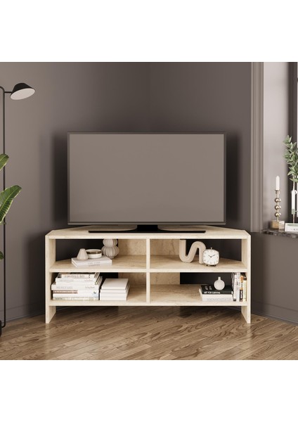 Roy B1440 Traverten Desenli Köşe Tv Sehpası – Açık Raflı 48 Inç Uyumlu