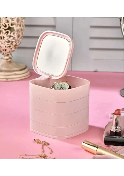 4 Katlı, Kapaklı, Aynalı, Pembe Takı Düzenleyici, 360 Derece Dönebilir fırsatları