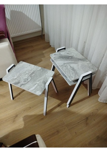 Zigon Sehpa 4'lü Mermer Desenli Tepsi Model