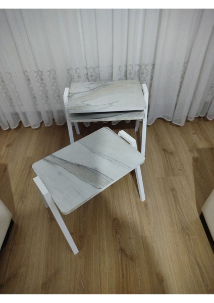 Zigon Sehpa 3'lü Mermer Desenli Tepsi Model