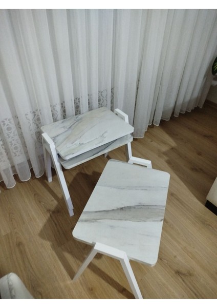 Zigon Sehpa 3'lü Mermer Desenli Tepsi Model