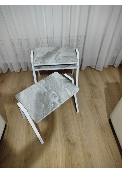 Zigon Sehpa 3'lü Mermer Desenli Tepsi Model