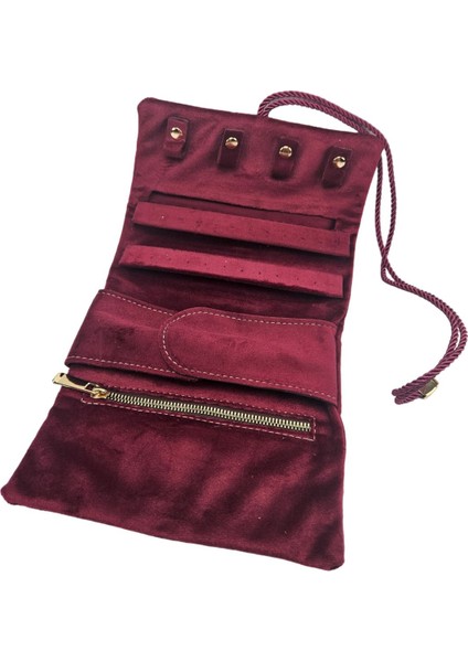 Kadife Takı Çantası, Rulo Koruma ve Saklama, Şık Bordo Tasarım