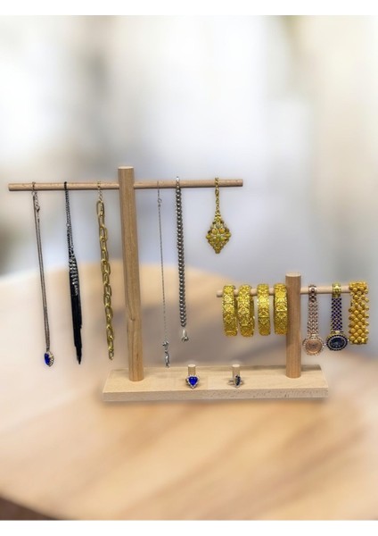 Şık Ahşap Takı ve Saat Organizeri, Bileklik ve Yüzük Detaylı, Bej Renk