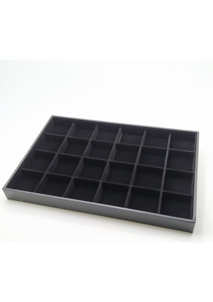 24 Bölmeli Çok Amaçlı Takı ve Aksesuar Saklama Kutusu, Siyah Süet Kaplamalı