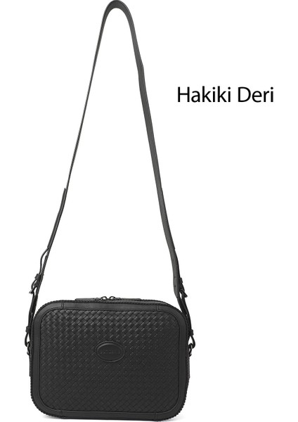 Kadın Siyah Hakiki Deri Hasır Örgü Uzun Askılı Omuz Çantası