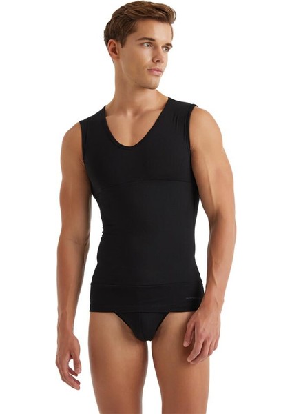 Erkek Sıfır Kol V Yaka Siyah Korseli Atlet 9208