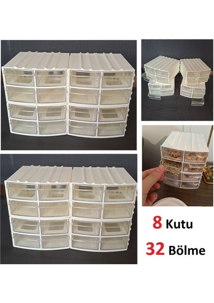 Şeffaf 8 Çekmeceli 32 Bölmeli Organizer Kutu Mücevher ve Boncuk Saklama