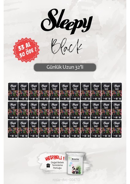 33 Al 30 Öde Sleepy Black Uzun 32 'li Günlük Ped, Rosie Hediye
