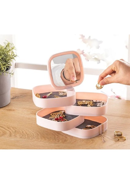 4 Katlı Aynalı Kare Takı Organizer, 360 Derece Dönebilen, Şık ve Mini Boy 11X11