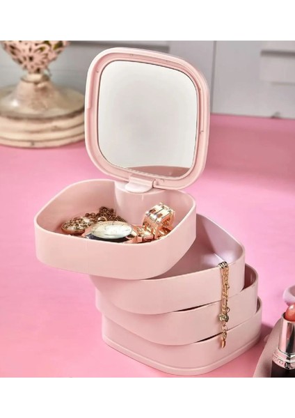 4 Katlı Aynalı Kare Takı Organizer, 360 Derece Dönebilen, Şık ve Mini Boy 11X11 fırsatları